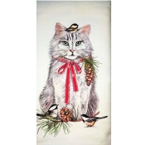 Cat & Chickadees Holiday Tea Towel